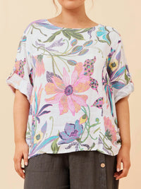BOTTEGA MODA FLORAL TOP WITH 3/4 ROLL SLEEVE
