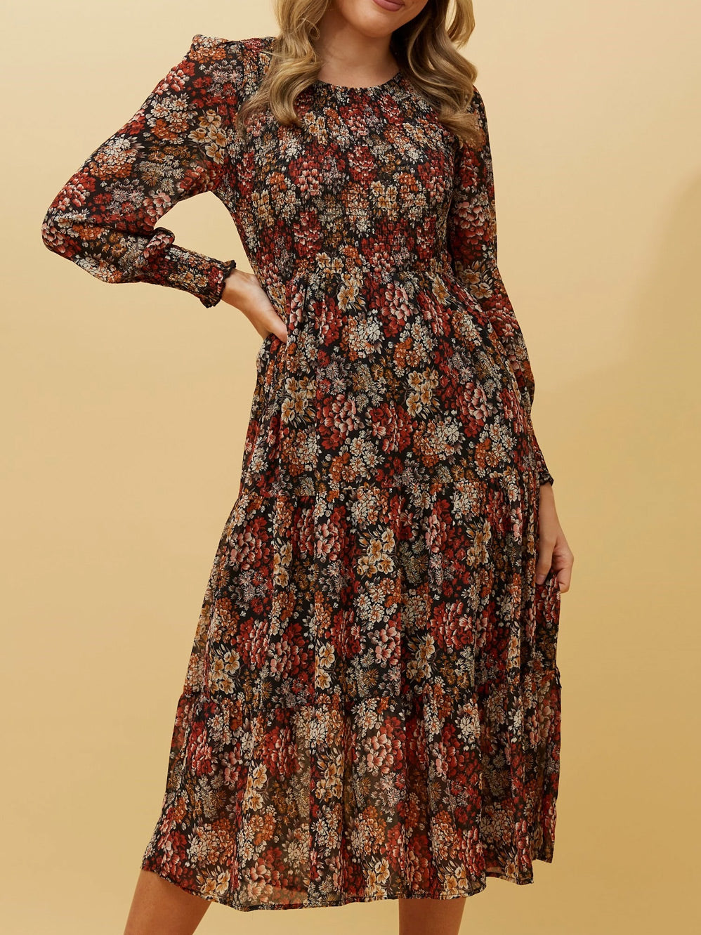 CAROLINE K MORGAN SHIRRED FLORAL DRESS