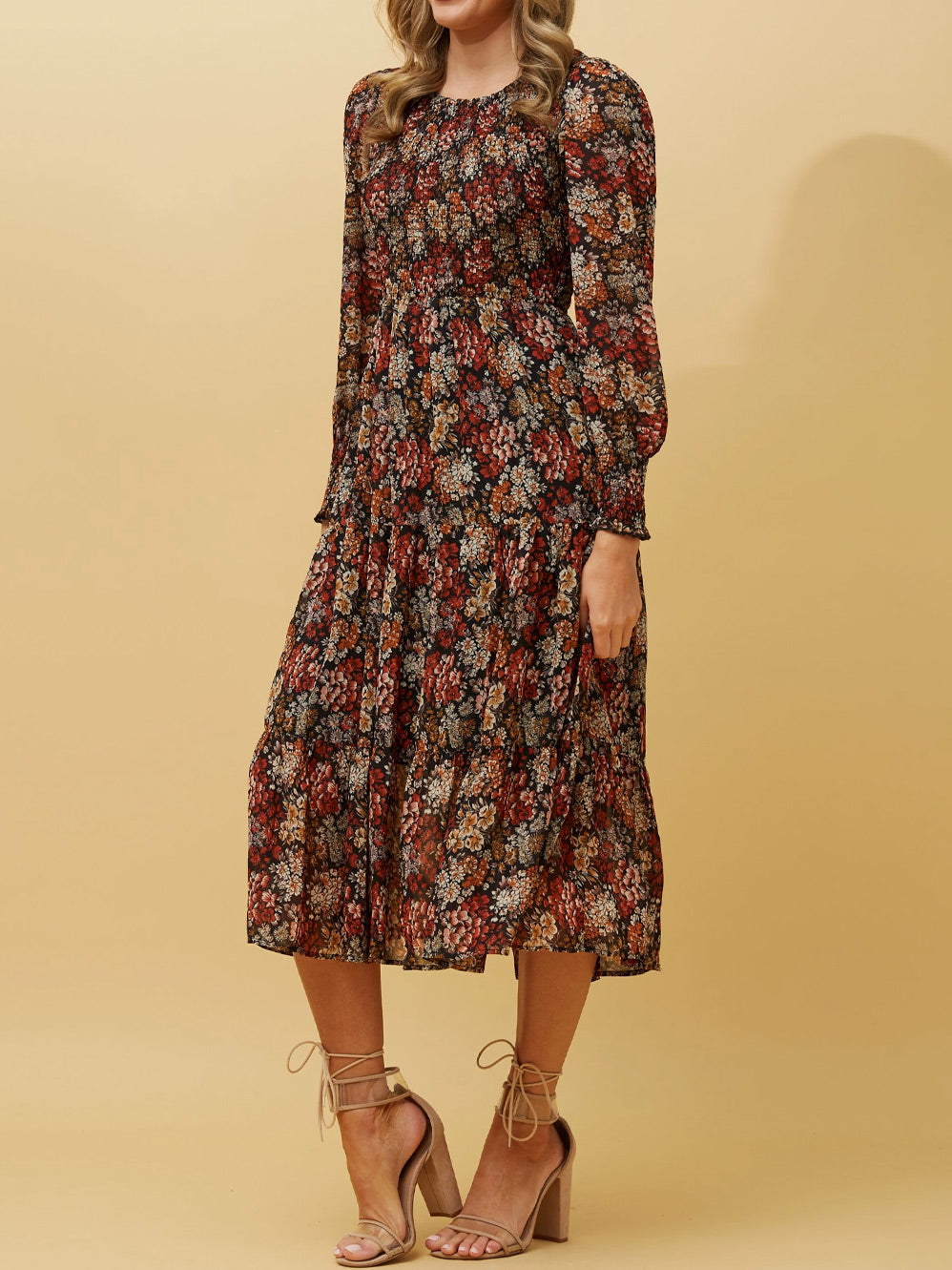 CAROLINE K MORGAN SHIRRED FLORAL DRESS