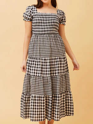 CAROLINE K MORGAN GINGHAM TIERED MAXI DRESS