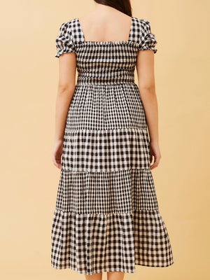 CAROLINE K MORGAN GINGHAM TIERED MAXI DRESS