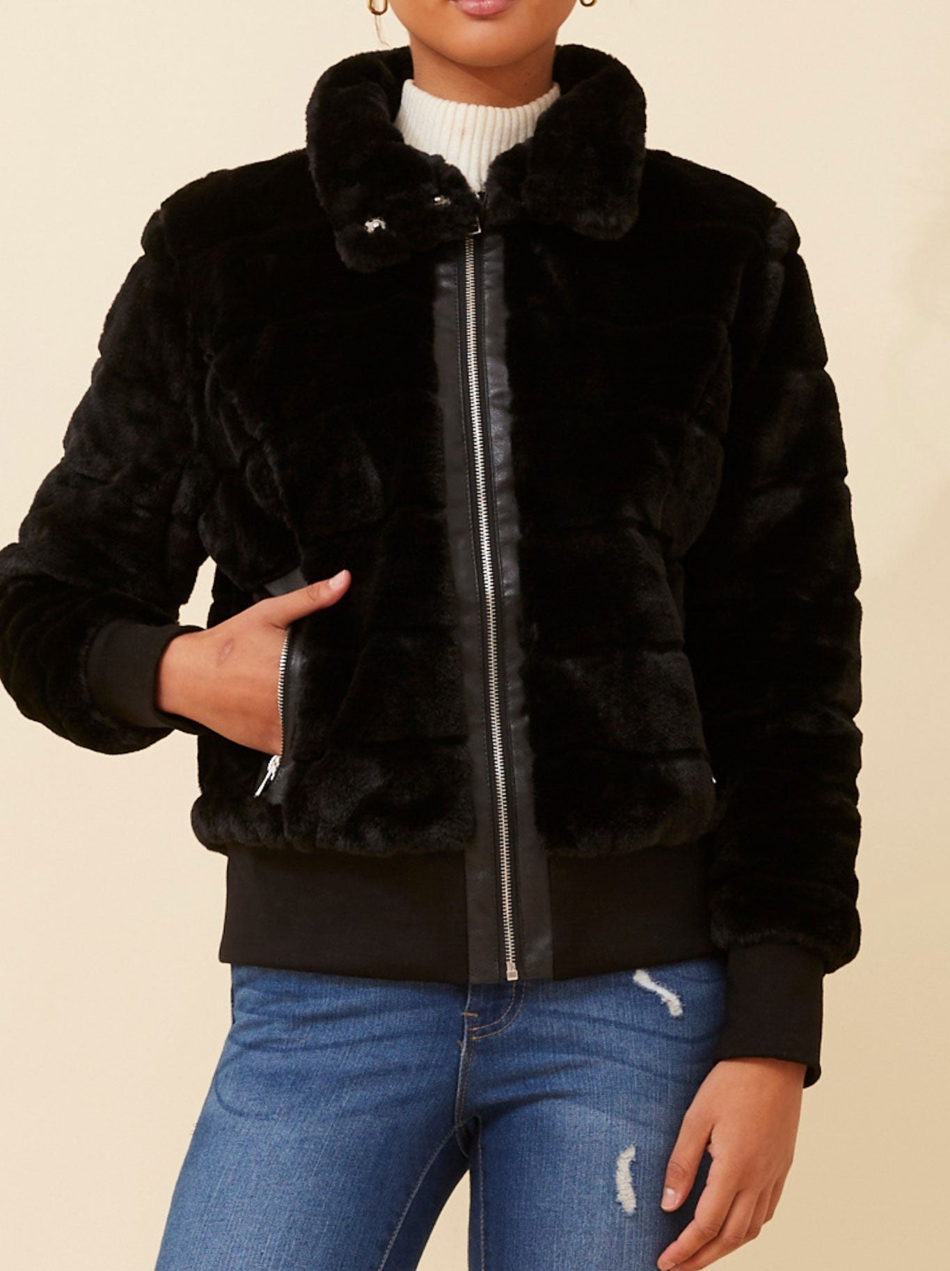 CAROLINE K MORGAN FAUX FUR BOMBER JACKET