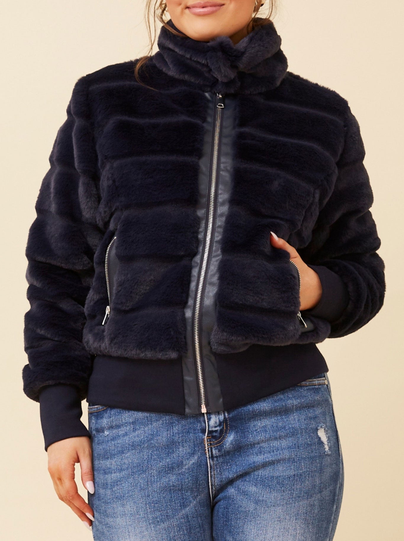 CAROLINE K MORGAN FAUX FUR BOMBER JACKET