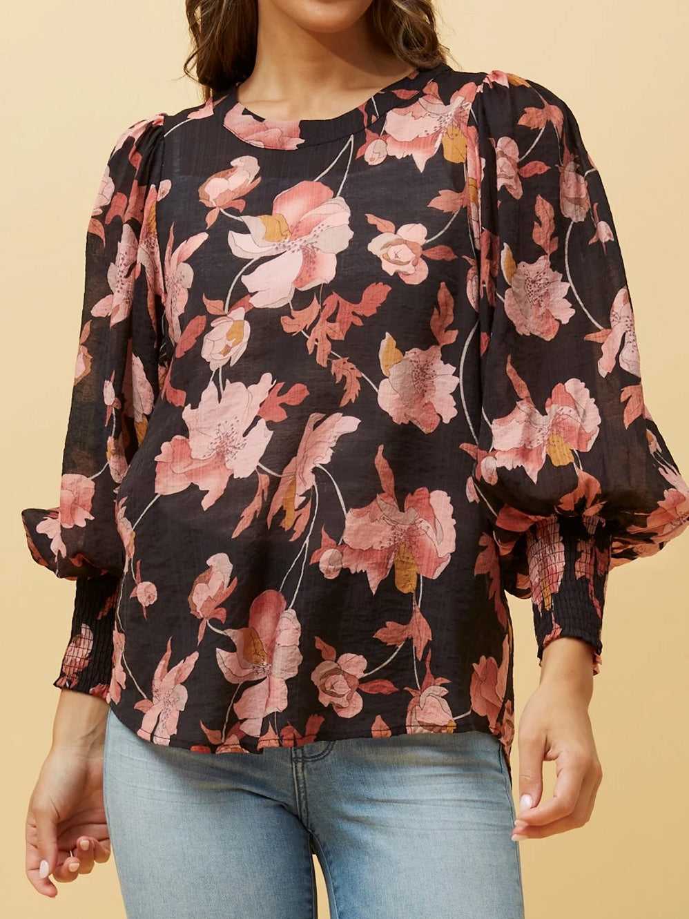 CAROLINE K MORGAN FLORAL BALLOON SLEEVE BLOUSE