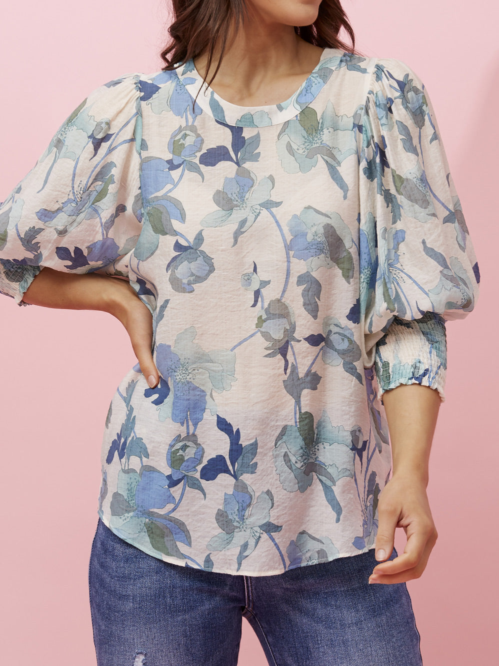 CAROLINE K MORGAN FLORAL BALLOON SLEEVE BLOUSE