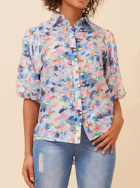 CAROLINE K MORGAN PRINTED PUFF SLEEVE BLOUSE