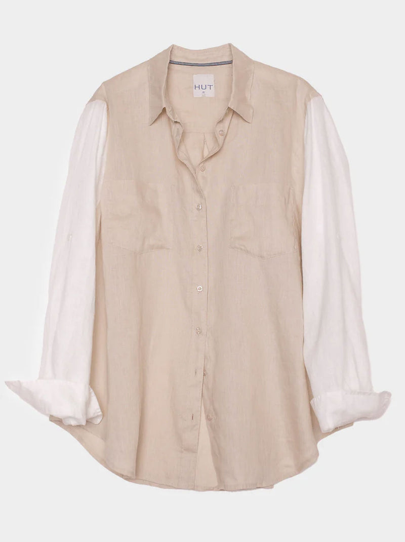 HUT CONTRAST SLEEVE LINEN SHIRT