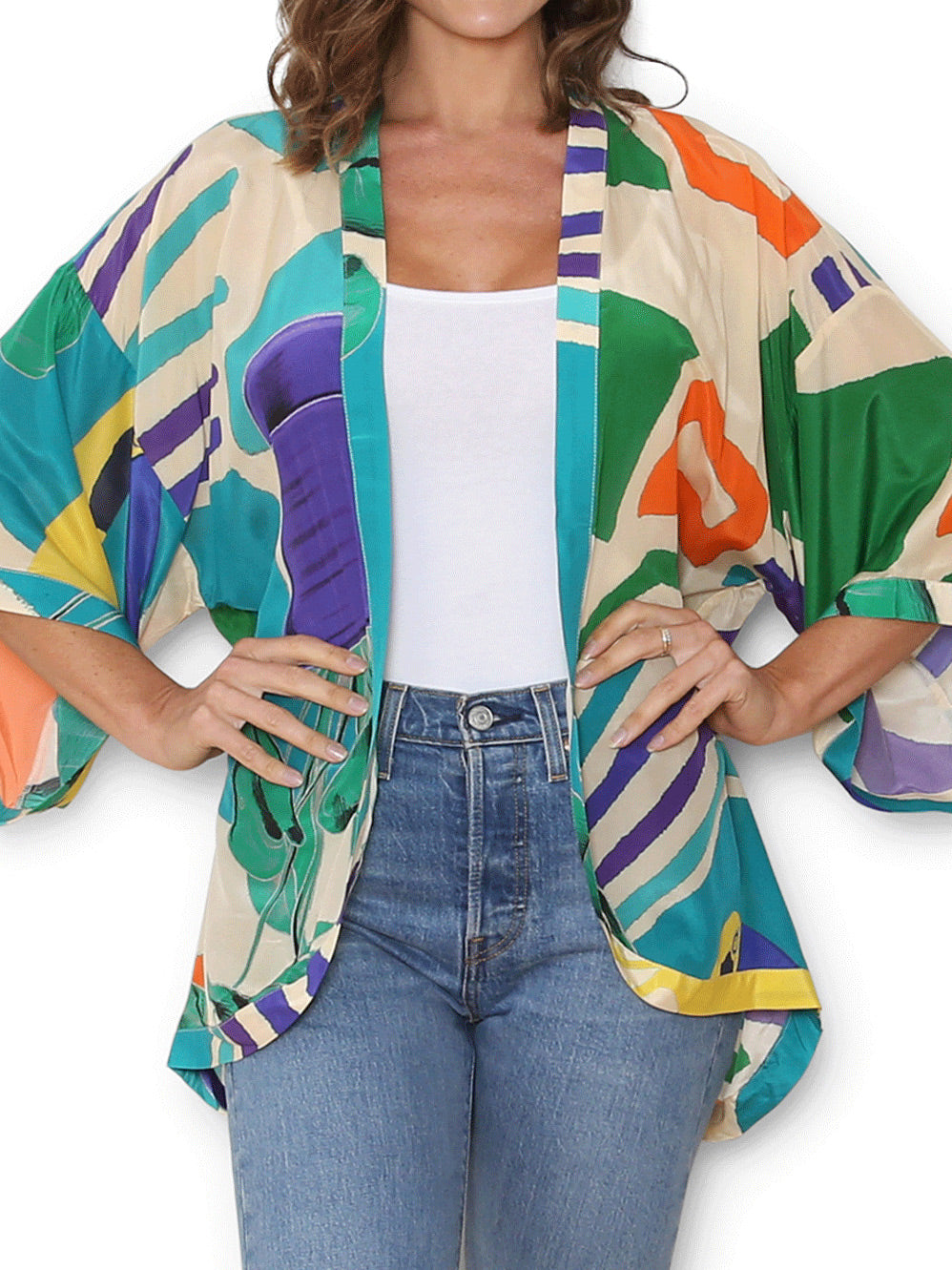 THE ARTISTS LABEL COLLAGE OF TOUCAN & PLANT SILK KIMONO