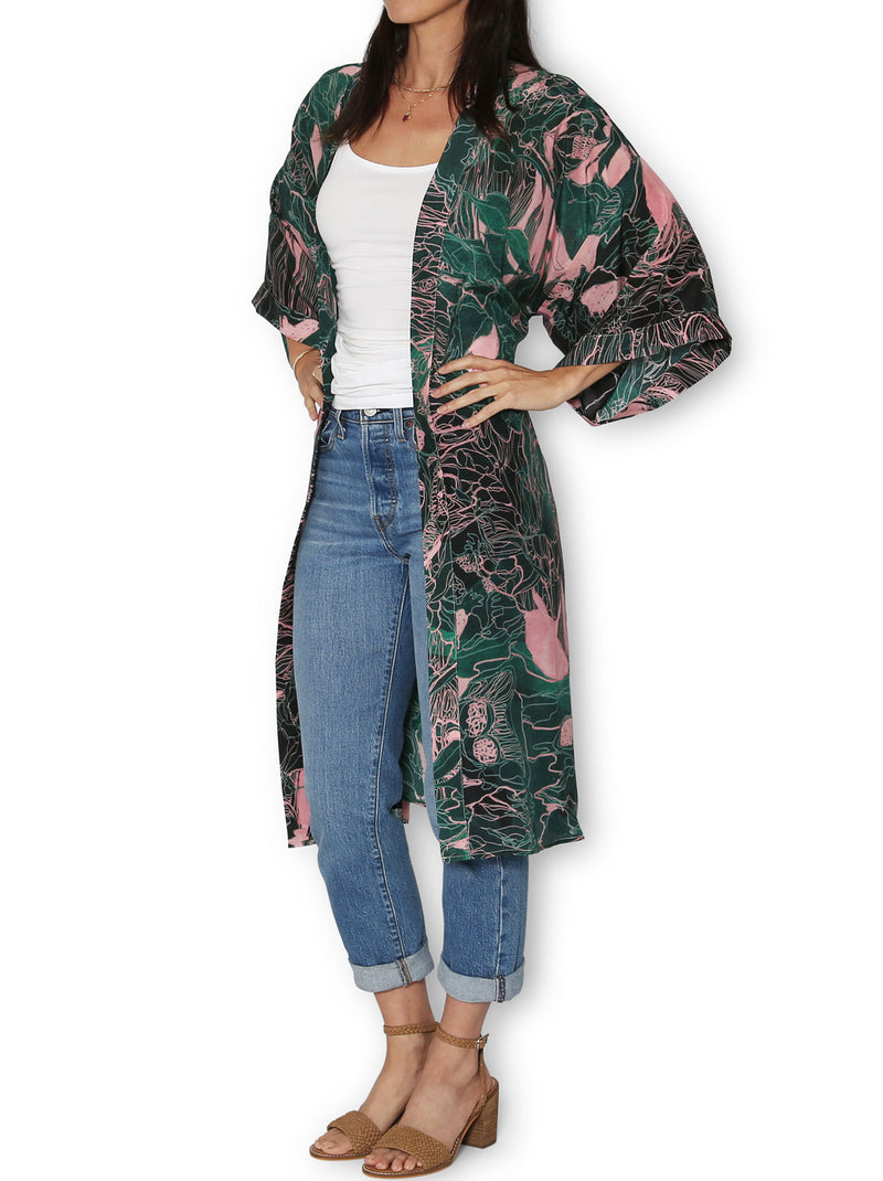 THE ARTISTS LABEL TWILIGHT FOREST LONG SILK KIMONO