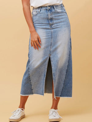 CAROLINE K MORGAN MIDI DENIM SKIRT