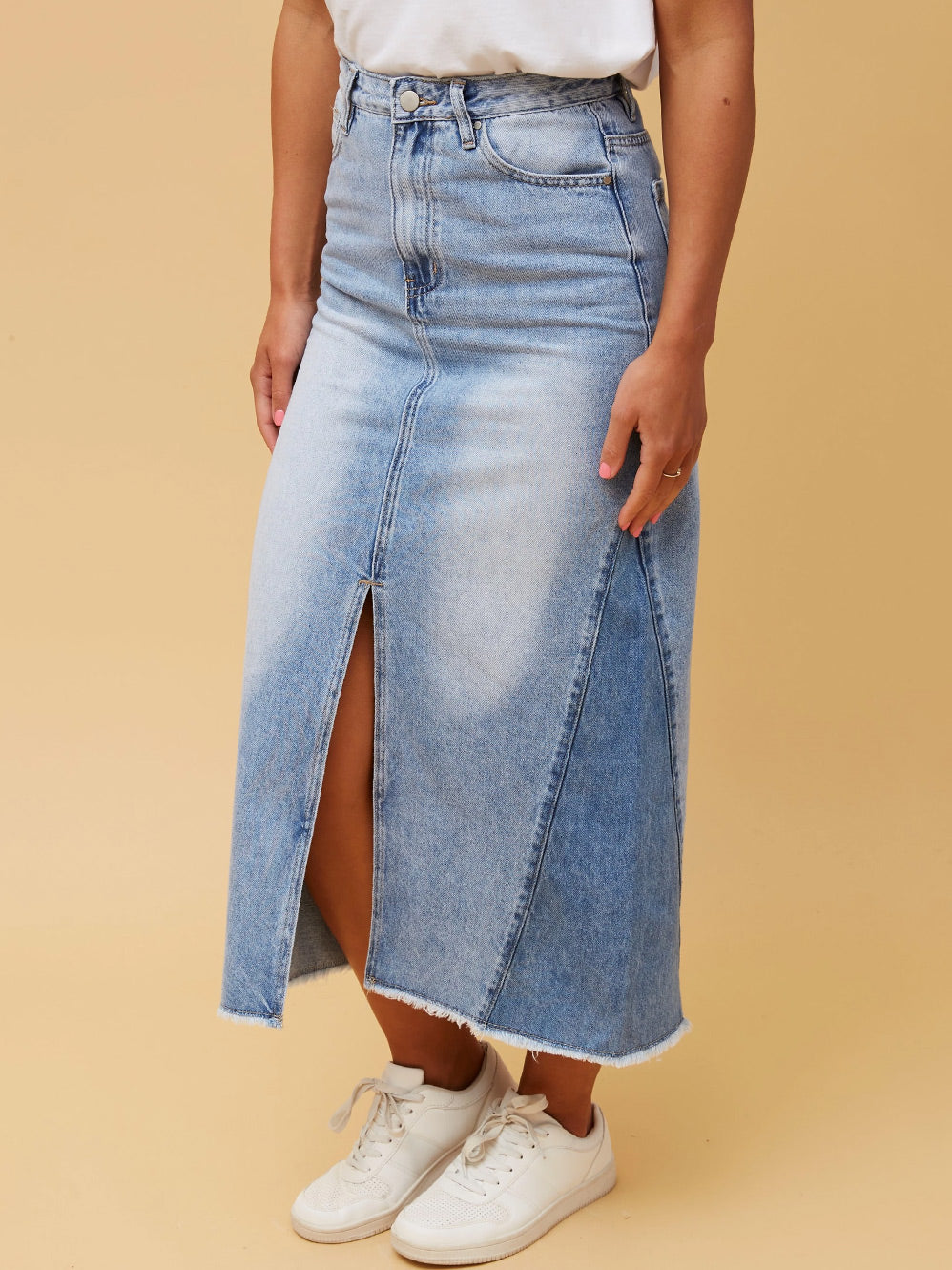 CAROLINE K MORGAN MIDI DENIM SKIRT